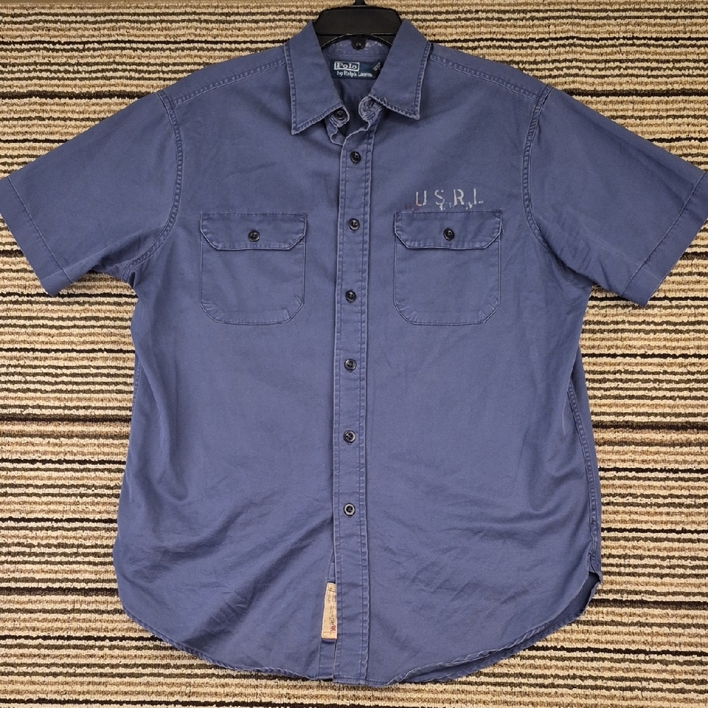 POLO RALPH LAUREN Blue Grey Solid USRL Cotton Mens Large Short Sleeve Shirt